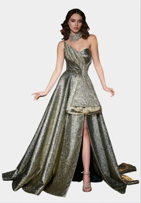 Gold Asymmetric Glitter Gown