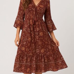 Brown Floral Boho Midi Dress