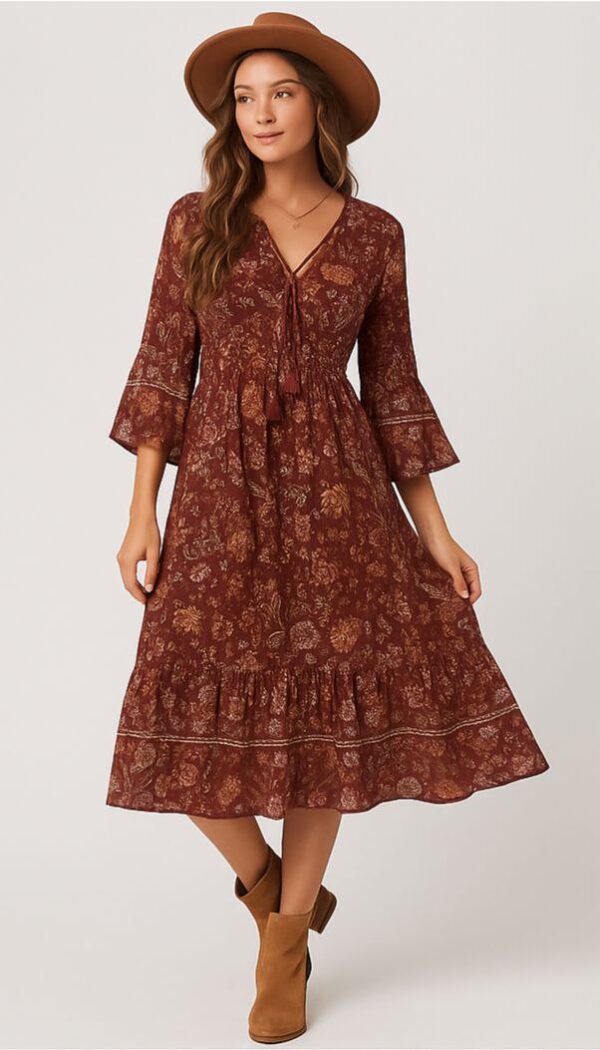 Brown Floral Boho Midi Dress