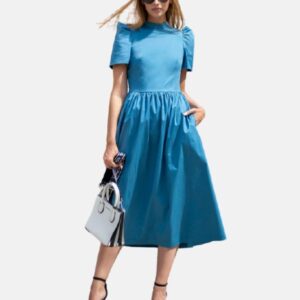 Blue High-Neck Midi Dress with Puff Sleeves
