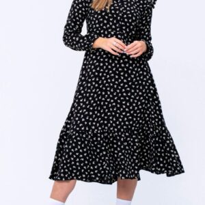 Black Long Sleeve Midi Dress with White Dots