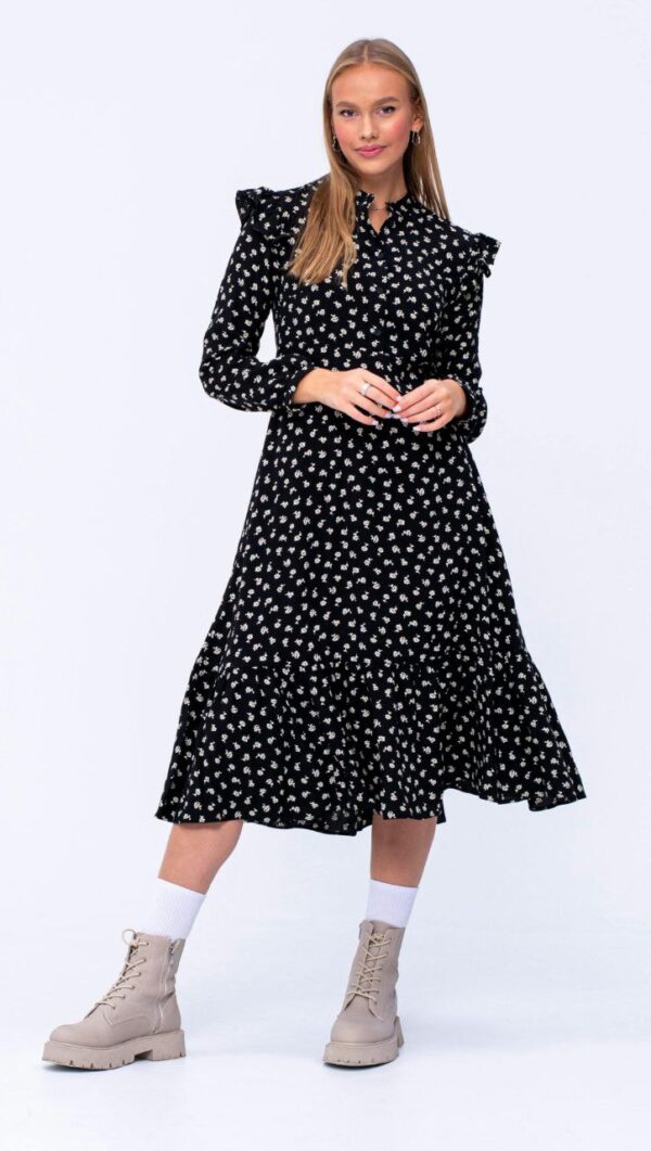 Black Long Sleeve Midi Dress with White Dots