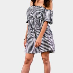 Black and White Gingham Off-Shoulder Dress