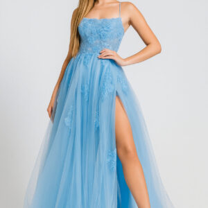 Sky Blue Tulle Evening Dress With High Slit