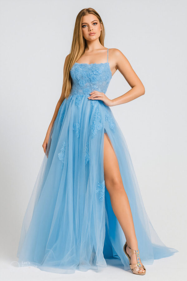 Sky Blue Tulle Evening Dress With High Slit